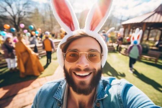 A man poses in bunny ears at the Eckert's adult Easter egg hunt.